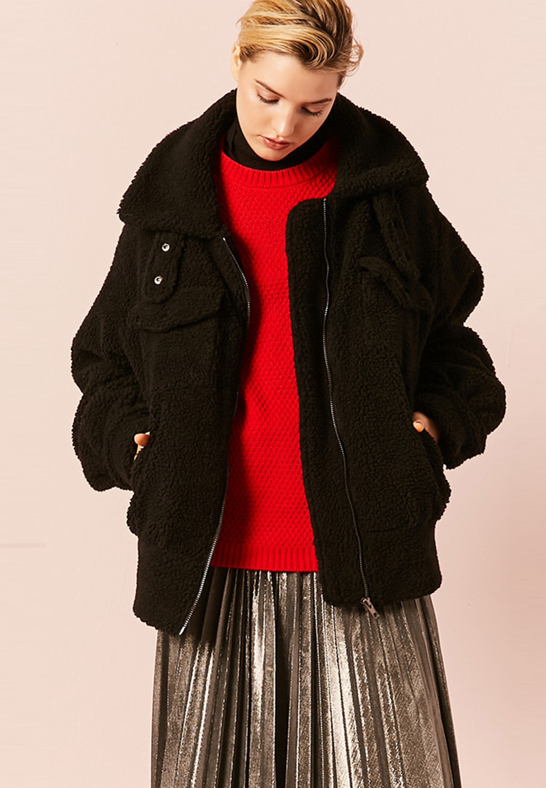 Large lapel zip front imitation lambskin jacket ApparelWin
