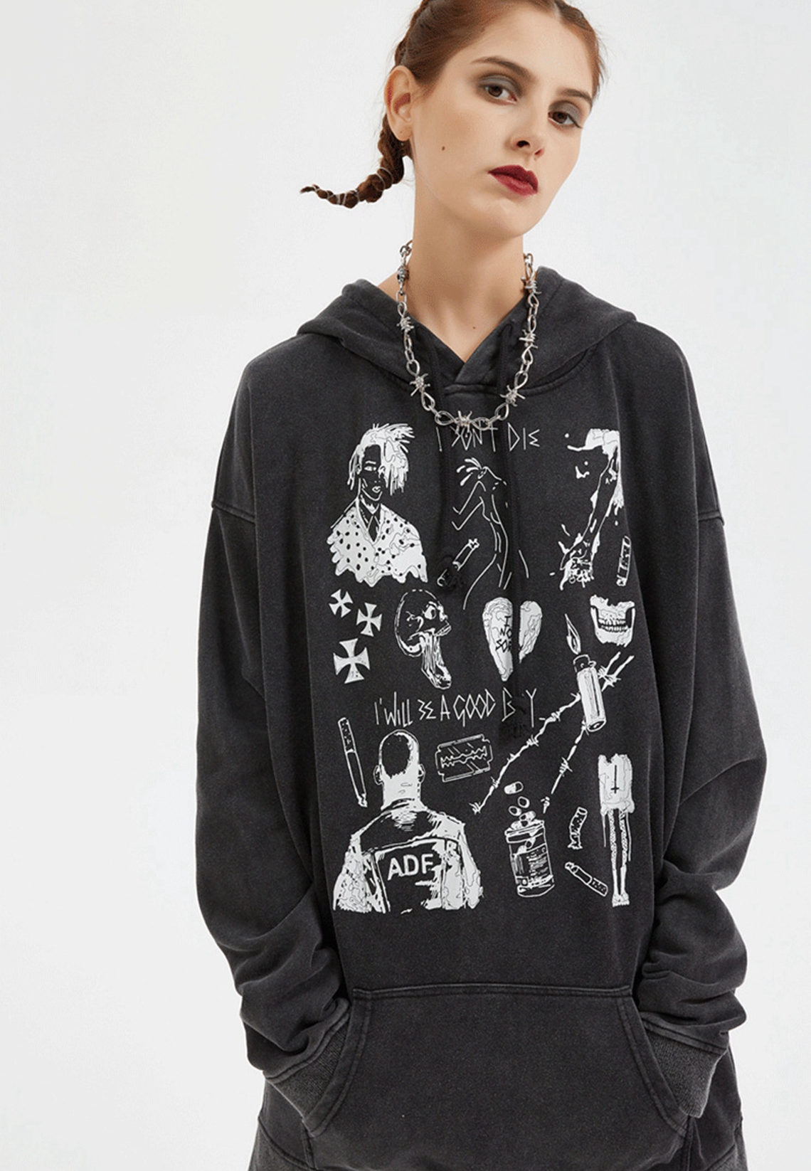 Retro Washed Oversize Printed Sweater,Hoodie & Pullover