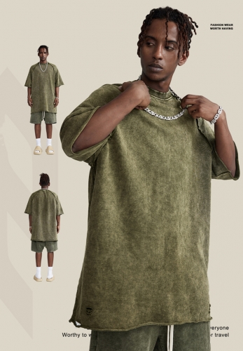 320G washed batik terry heavy retro loose T-shirt