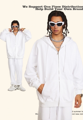 440GSolid terry zip-up relaxed casual hoodie
