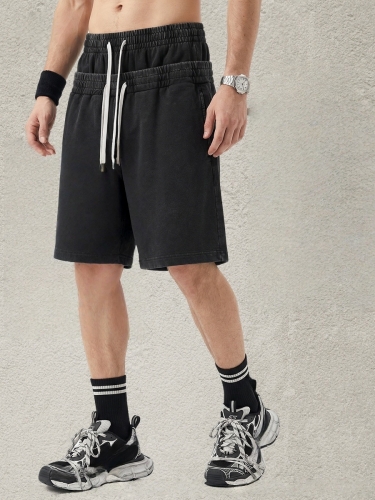 320G Men's West Coast Style Double Waistband Snow Wash Distressed Denim Shorts
