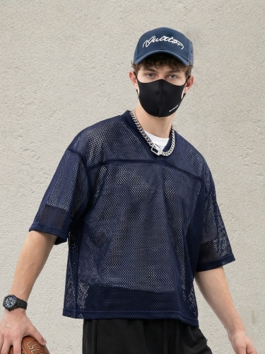 240G Men's Summer Boxy Fit V-Neck Mesh Hollow Out T-Shirt - Short Wide Casual Top