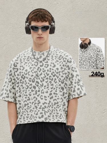 240G Men's Vintage Boxy Leopard Print Crew Neck Short Sleeve T-shirt Plus Size Loose Casual Top