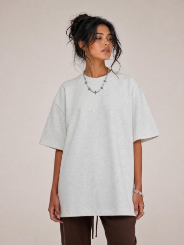 425G Solid Color Drop Shoulder Short Sleeves Loose Couple Short Sleeves