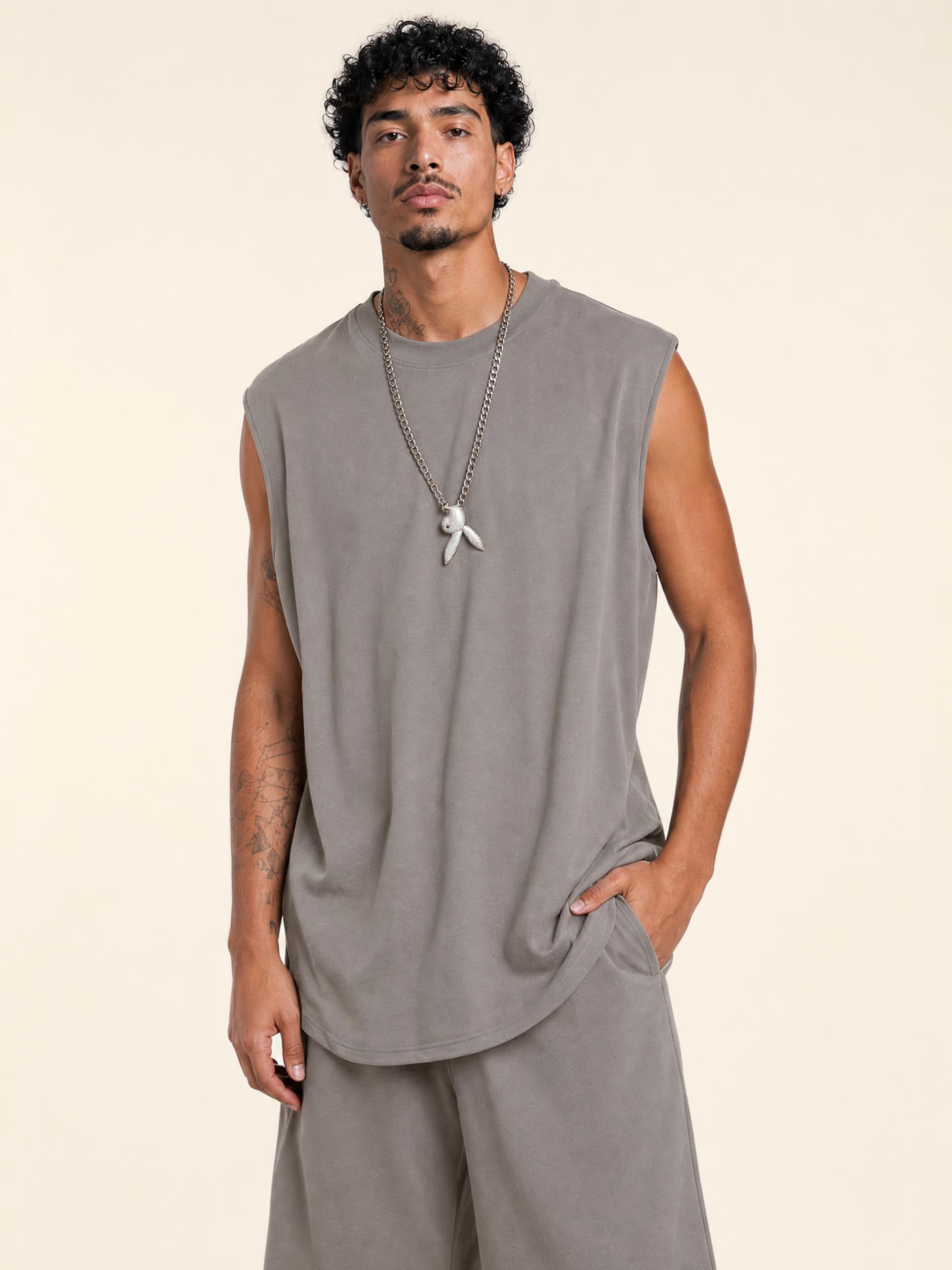 230G cool technical fabric solid color vest loose waistcoat T-shirt