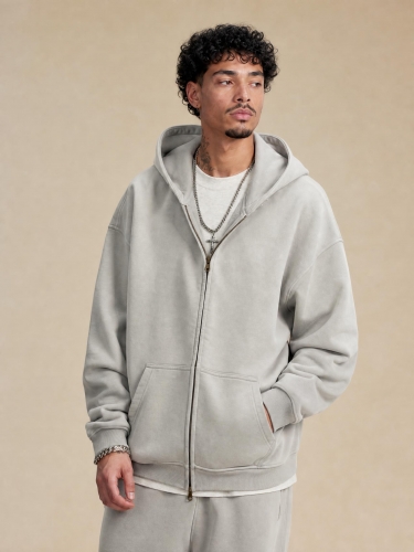 360G spray-dyed distressed double-zip hoodie