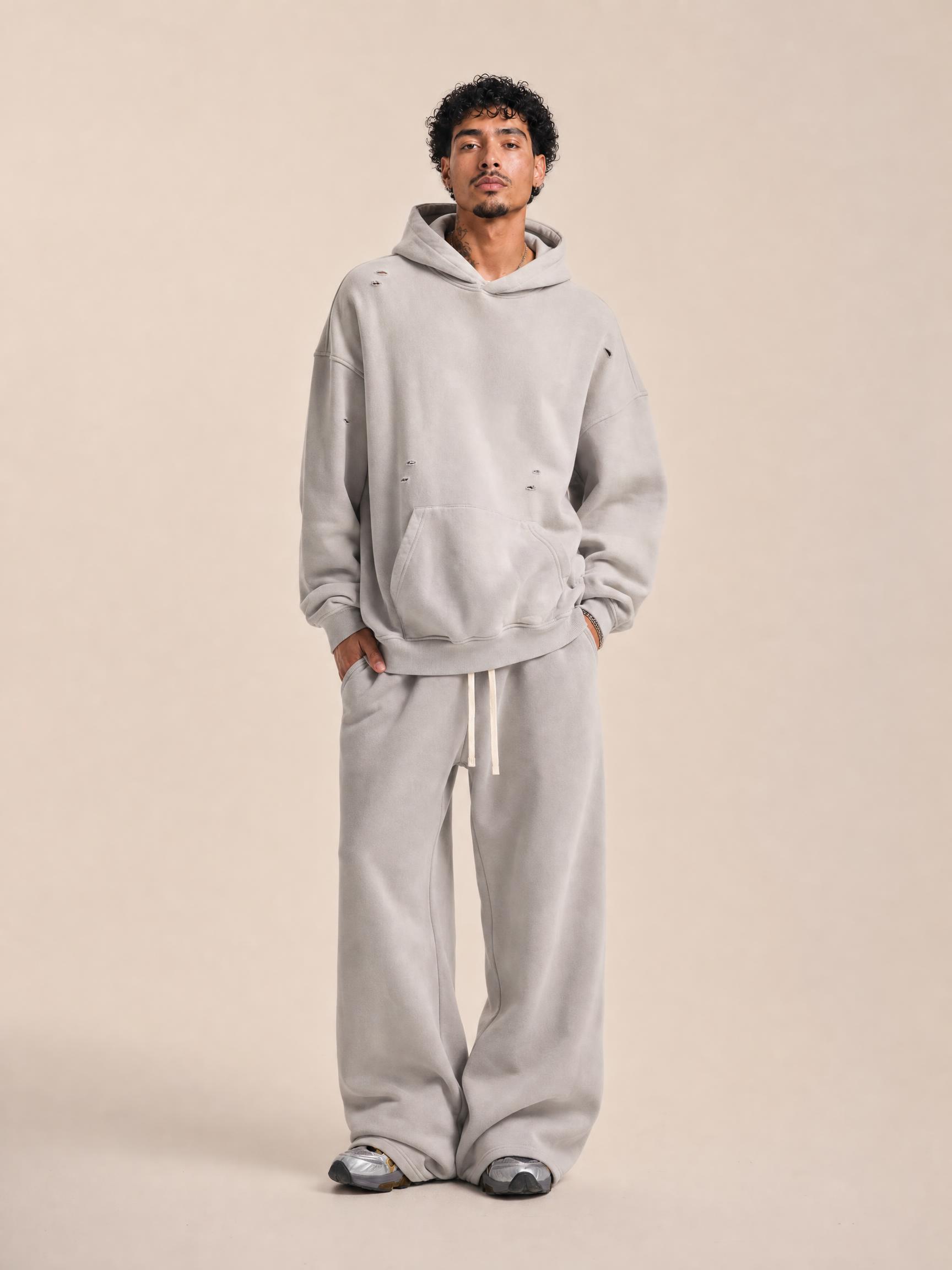 360G Splashed ink, whitening, spray-dyed, washed, distressed, frayed edges, spray-on velvet sweatshirt and sweatpants set