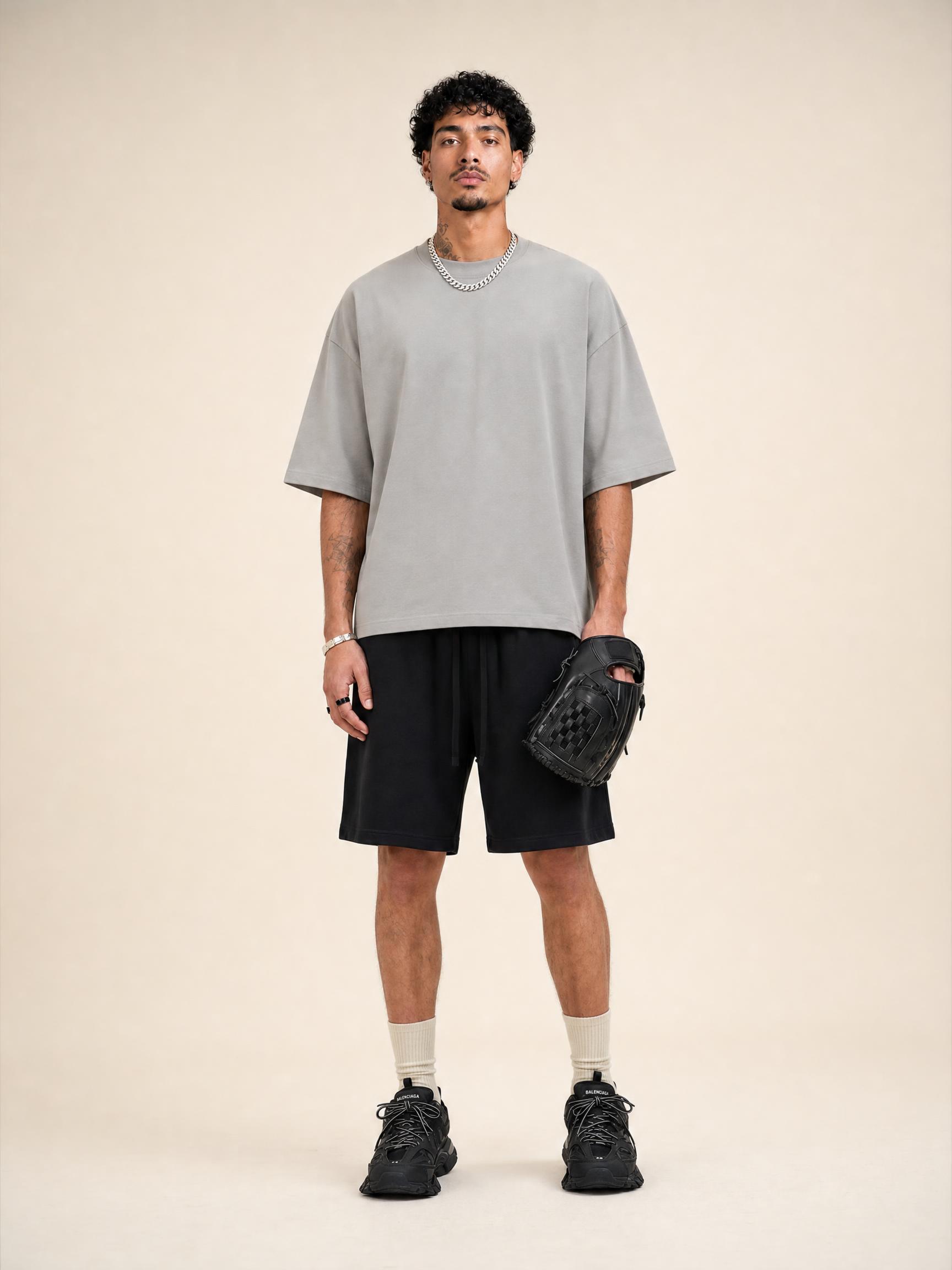 230G Men's Cotton Boxy Loose Solid Crew Neck Short Sleeve T-shirt