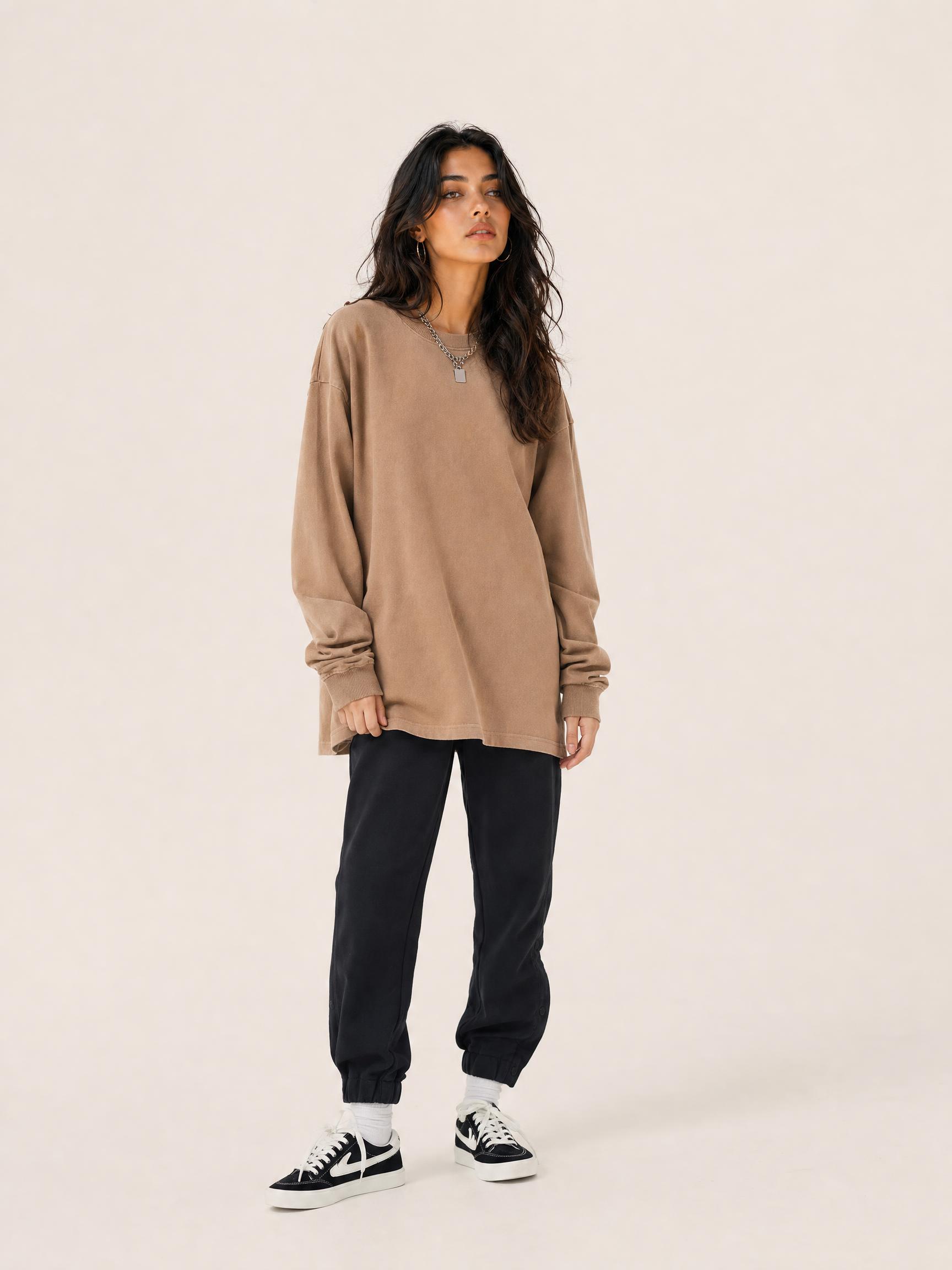 ARTIE|Heavyweight 310G vintage distressed long-sleeved t-shirt Loose washed trendy solid color bottoming t-shirt