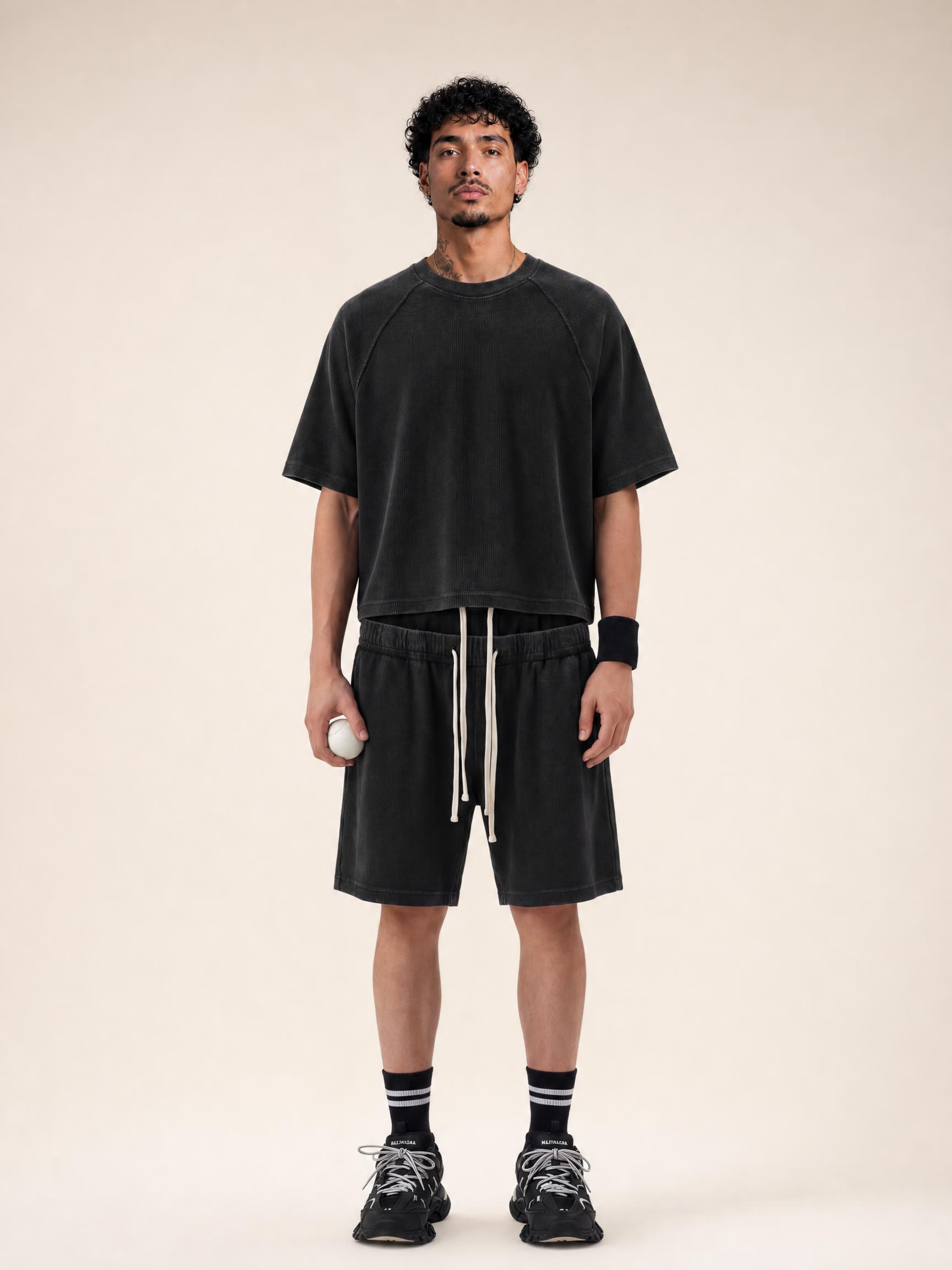 235G Men's Spring Summer Waffle Knit Boxy Cropped T-Shirt - Vintage Washed