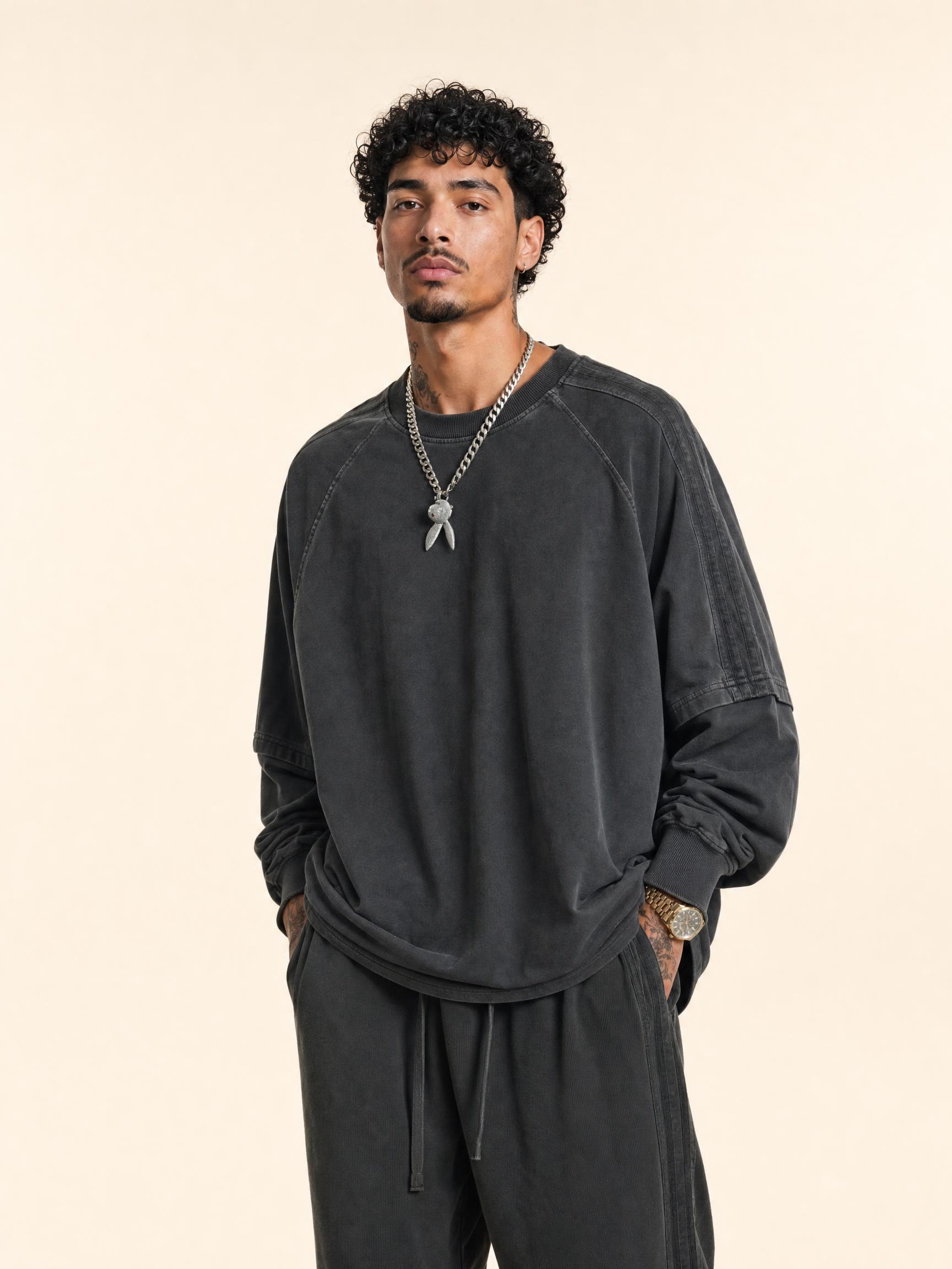 260GLoose two-piece Web stripe vintage wash T-shirt